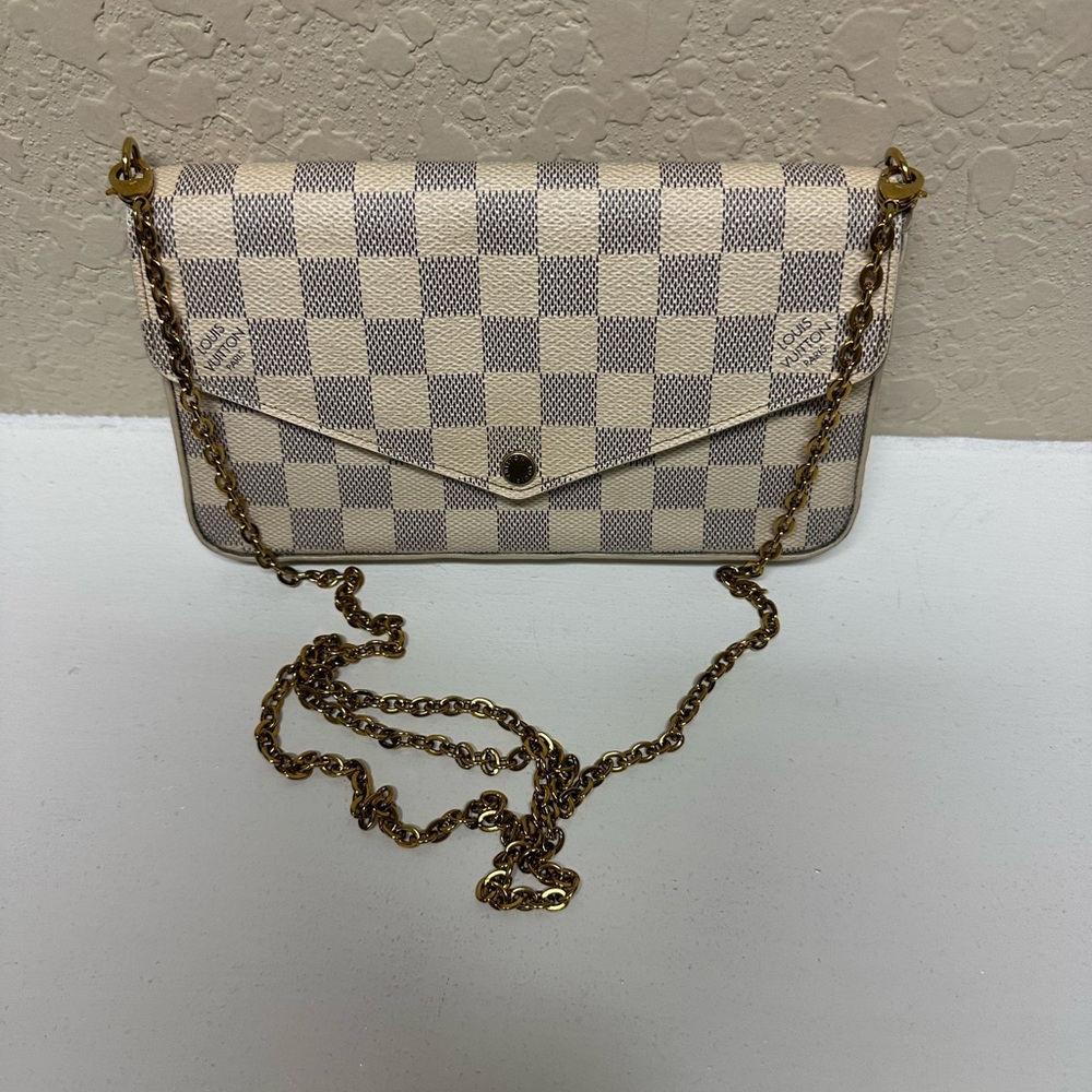 Louis Vuitton Cream and Gray Clutch with Chain